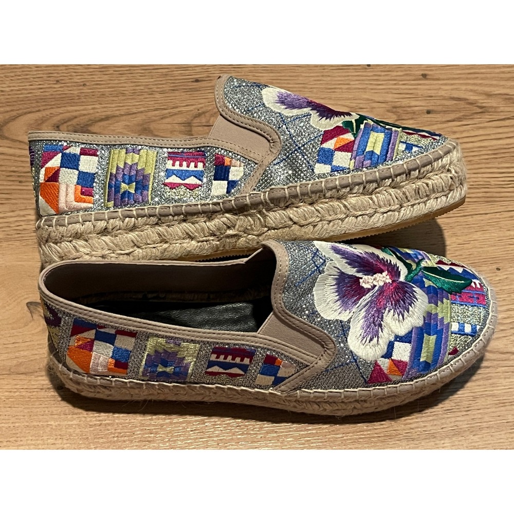 Johnny Was Madrid Espadrille Womens 9.5 Silver Multi Floral Embroidered Metallic - Picture 3 of 16
